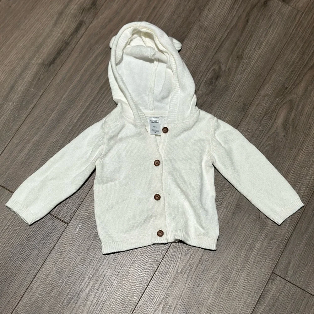 Carter's Hooded Animal Ears White Knit Hooded Baby Sweater
